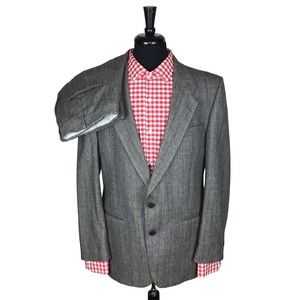 VTG Cartier Mens Gray/Red Wool 42R ? Two Piece Suit Pleated Pants 34x29.5 FLAWS